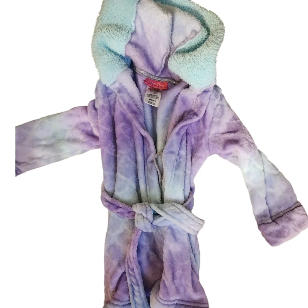 Kids Plush Hooded Pajama Robe in Purple and Blue